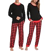 Jiasinju Men & Women Matching Pajama Sets for Family Couples Long Sleeve Sleepwear Plaid Striped Pants with Pockets