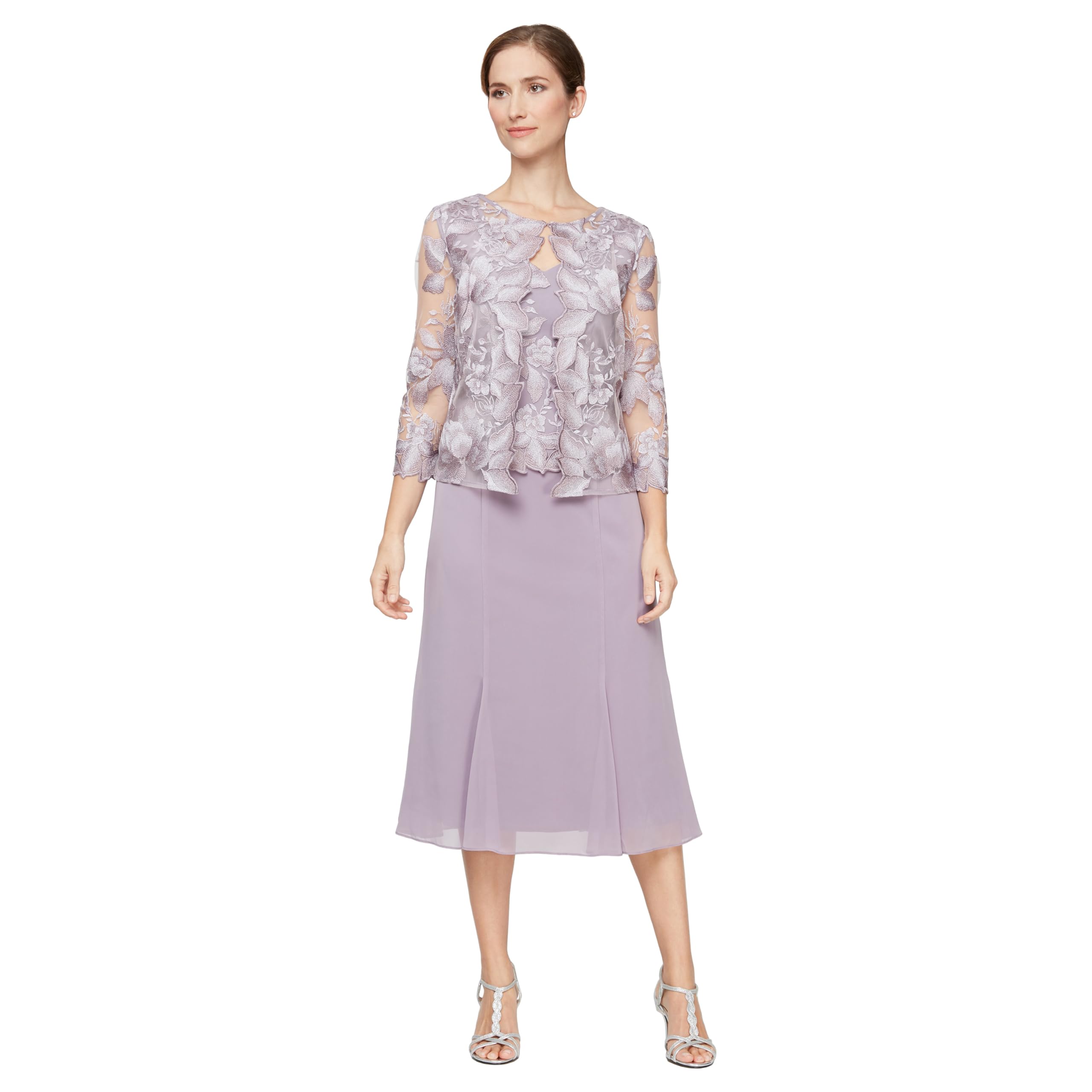 Alex Evenings Women’s Tea Length Mock Jacket Dress with Button Front, Smokey Orchid Tea, 8