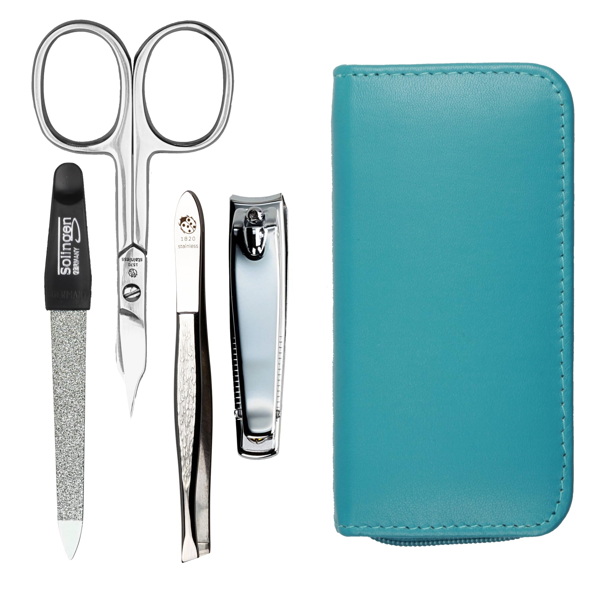 Manicure Set 4-Piece Travel Case - Nail Scissors, Nail Clippers, Nail File and Tweezers - Case Made of Genuine Nappa Lambskin Leather - Manicure and Pedicure (Turquoise)