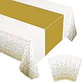 BokingOne 3 Pack White and Gold Plastic Tablecloth, 54 inch x108 inch Rectangular Disposable Table Cover for Graduation Party, New Years Decorations, Restaurant, Birthdays Decoration, Wedding Party