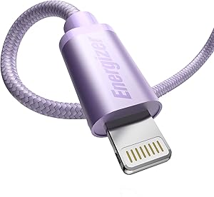 Premier Accessory Group Energizer iPhone Charger Lightning Cable 6ft MFi Fast Charging Sync & Charge Apple Smartphone Cord, Lavender Purple Nylon Braided 6 Feet