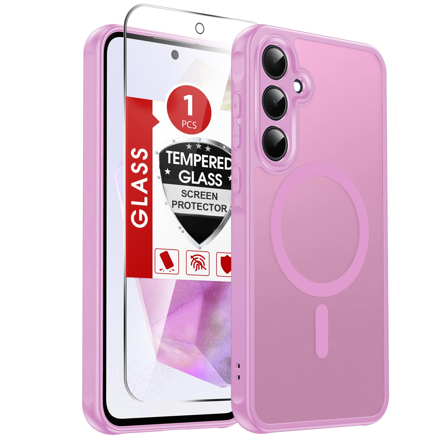 LeYi Compatible for Samsung Galaxy A35-5G Phone Case: Samsung A35 5G Case [Magnet Fit] with Screen Protector, Matte Translucent Soft-Touch Skin & Full Body Protection for Cell A 35 Cover Gift, Pink