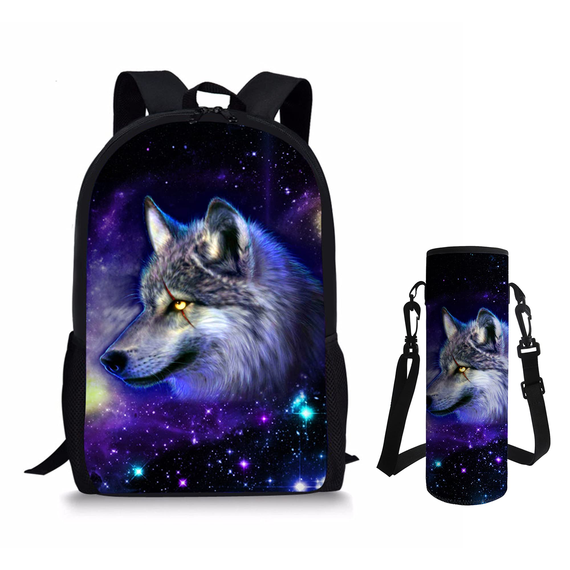Belidome Galaxy Wolf Kids School Backpack for Boys Girls 500ml Bottle Holder Adjustable Strap, 2 Pack