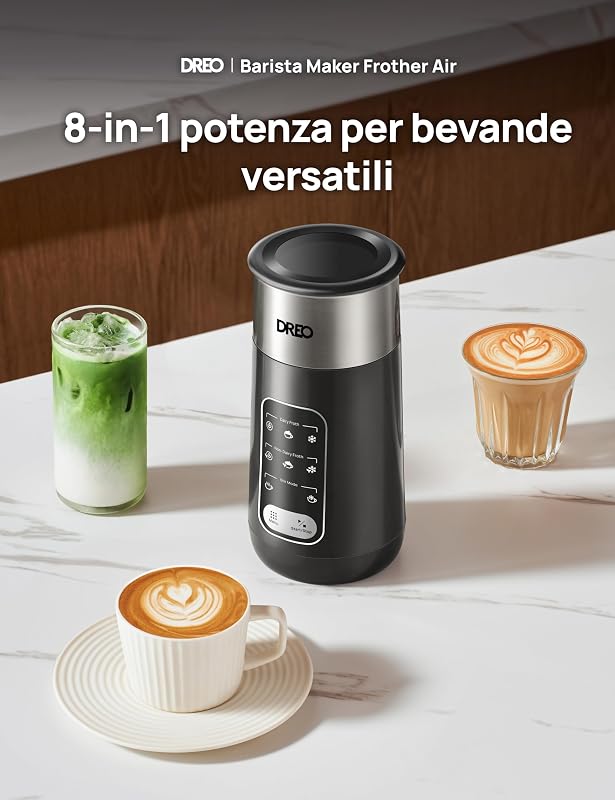 Montalatte Elettrico, 8-in-1 Montalatte per Latte, Cappuccino, Cioccolata Calda, 270ml Milk Frother in Acciaio Inossidabile per Schiuma Calda e Fredda, LED, Facile da Pulire