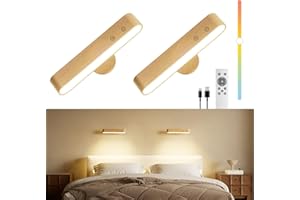 PopoIron Rechargeable LED Wall Sconces Set of Two,Wall Lights for Bedroom with Remote Control and Touch,360° Magnetic Rotation,3 Colors Dimmable Brightness Wood Wall Lamps with 15 RGB Colors,2 Pack
