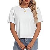 YUCOLEN Women's Crop Tops Summer Short Sleeve Cotton UPF 50+ Round Neck Casual Loose Cropped T-Shirts Solid Basic Tees
