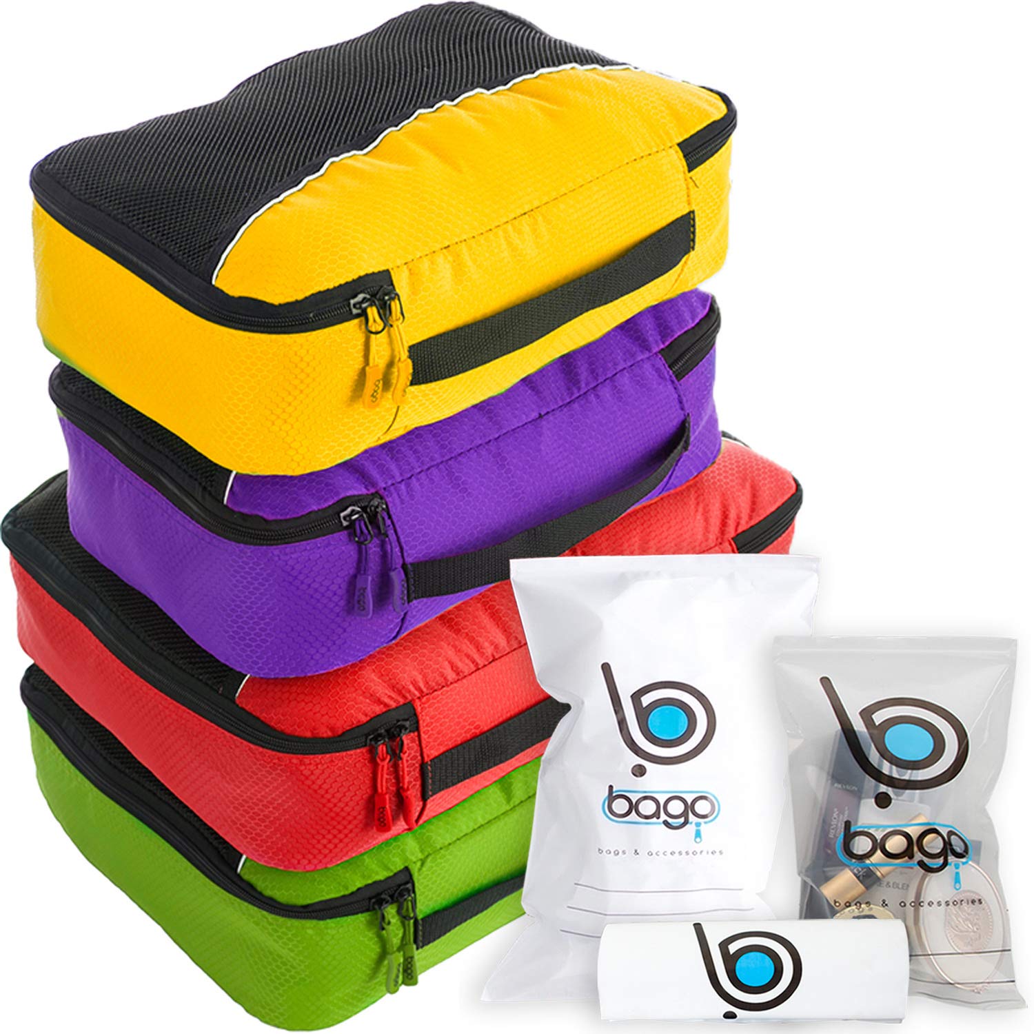 bago 7 Pcs Packing Cubes For Travel - 4 Packing Cube with 3 ZipLock Bags - Travel Cubes to Get Maximum Storage, Save Time & Effort to Pack - Happy Traveling (GreenRedPurpleYellow)