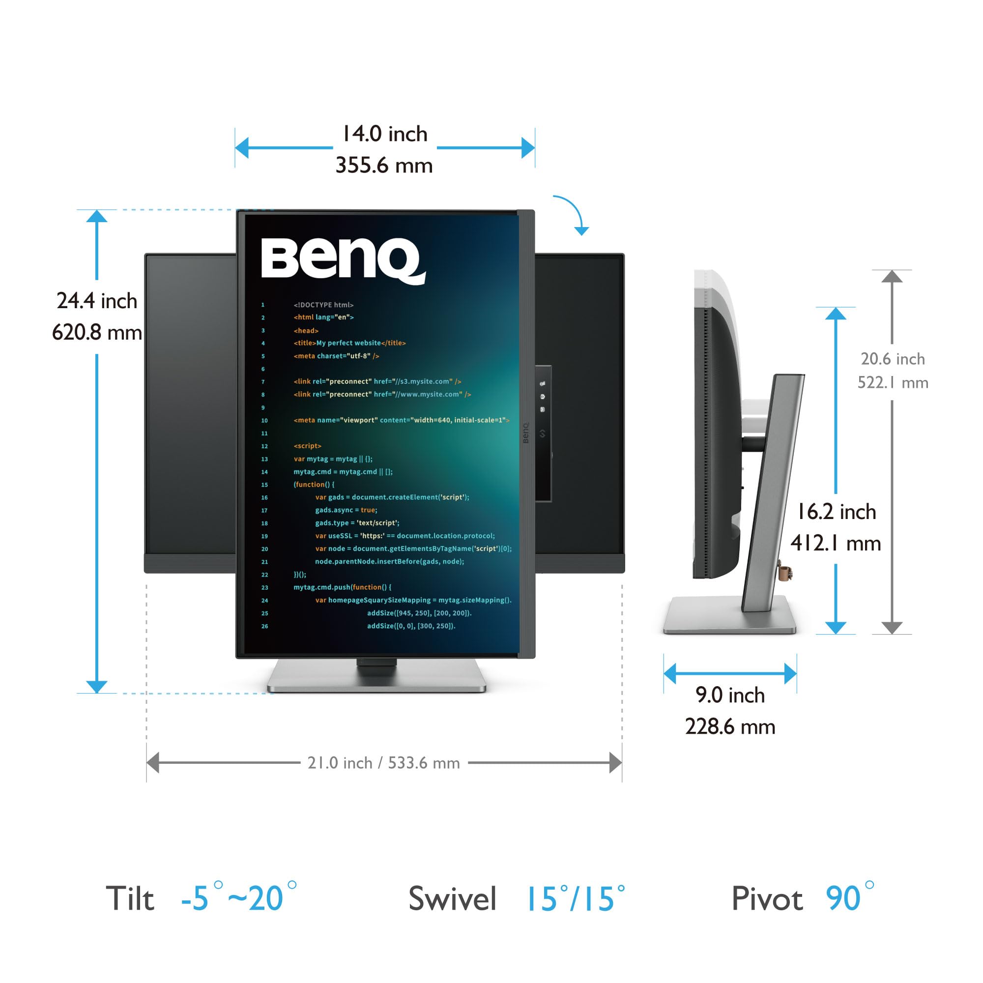 BenQ RD240Q 24.1” WQXGA Programming Monitor, 90W USB Type-C, Advanced Coding Modes, Coding HotKey, Ergonomic Design, 16:10 Special Ratio, Circadian Mode, Eye-Care Technology, Eco-Friendly Design