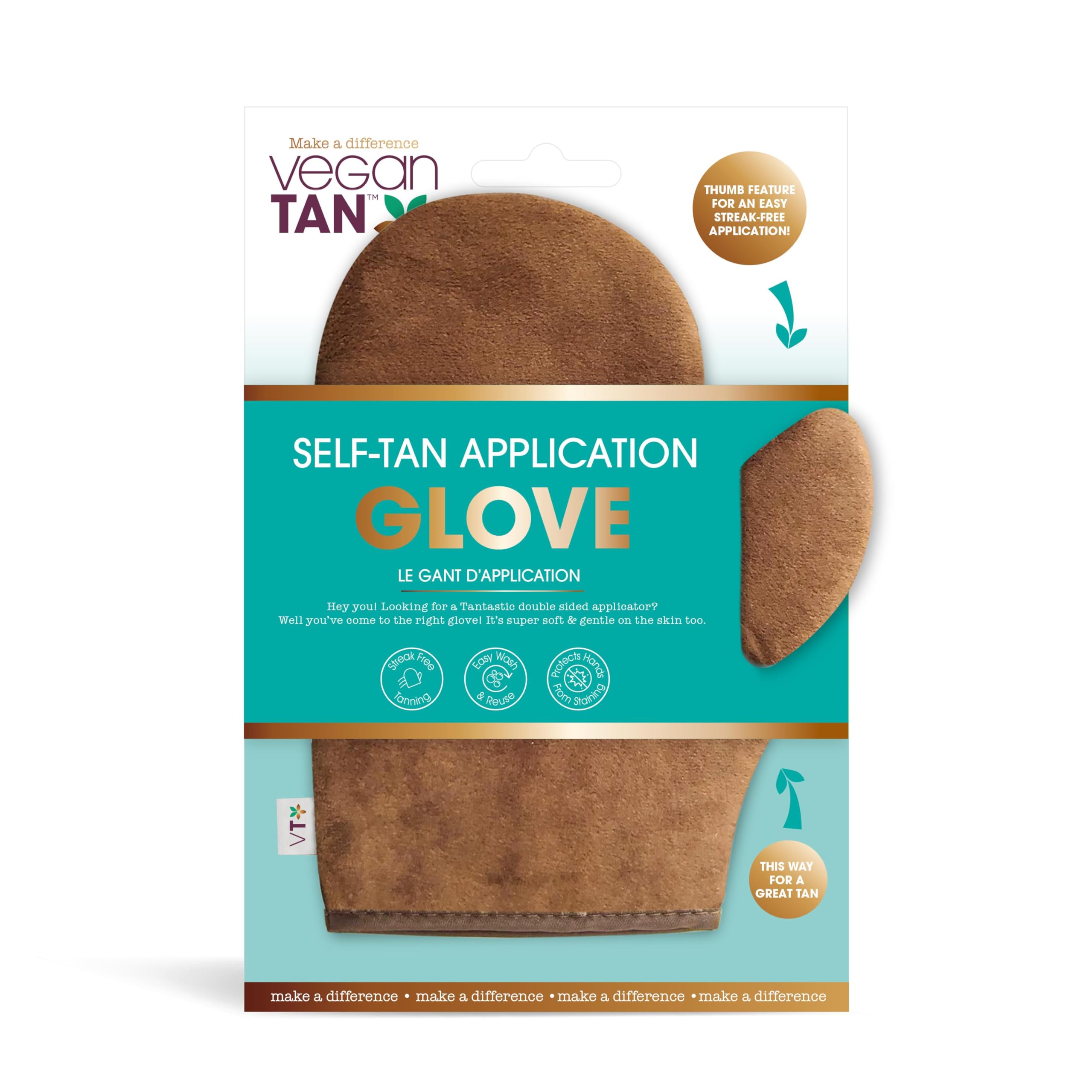 VeganTan Self Tan Application Glove, Double-Sided Tanning Mitt for Streak Free Fake Tan Application, Protects Hands from Staining, Super-Soft, Washable and Reusable