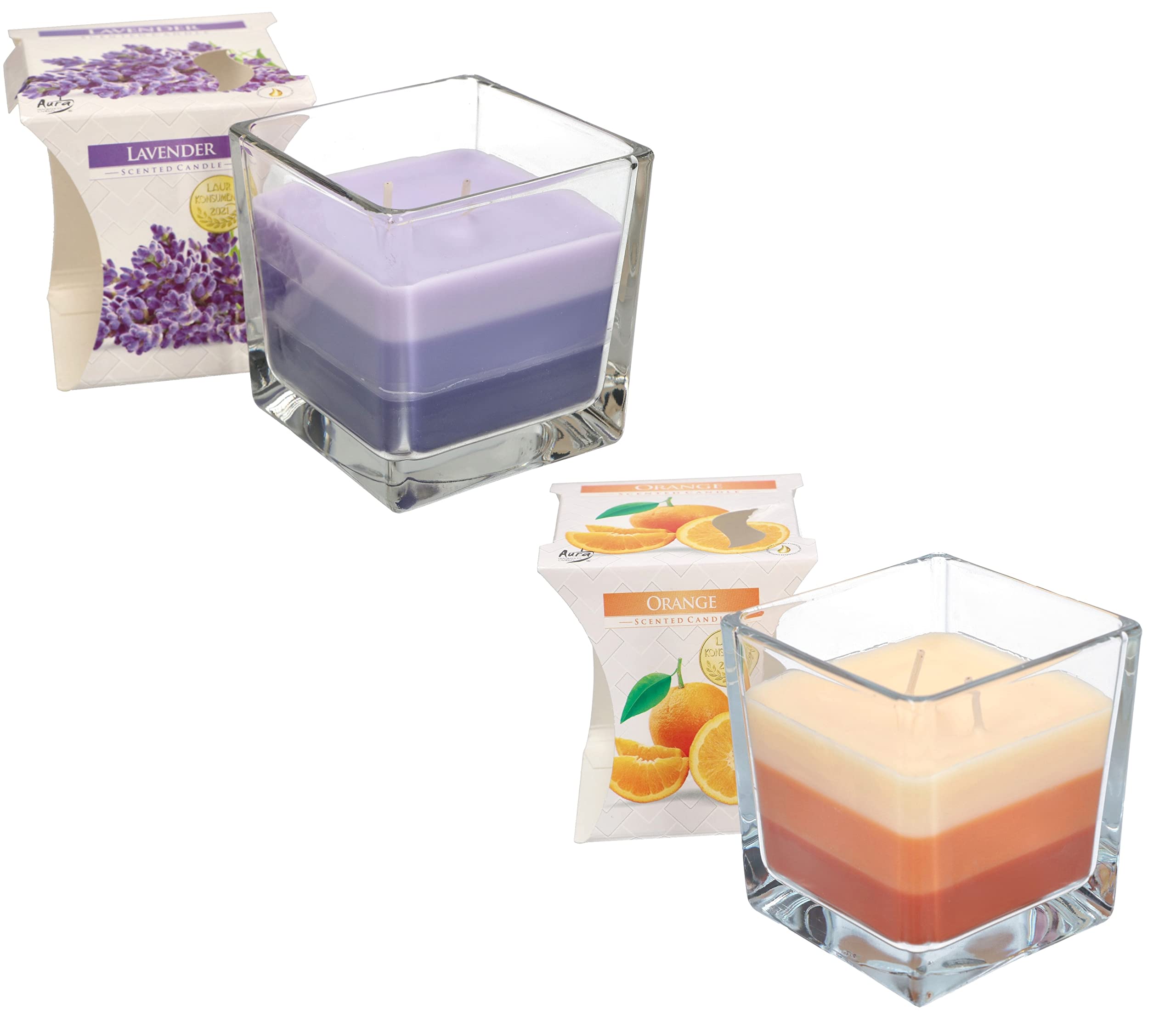 KOTARBAU® Set of 2 2-Wick Scented Candles in Glass Two-Wick Candles Tri-Colour Gift Idea Aromatherapy Decorative Candles Burn Time up to 32 Hours (Lavender + Orange)