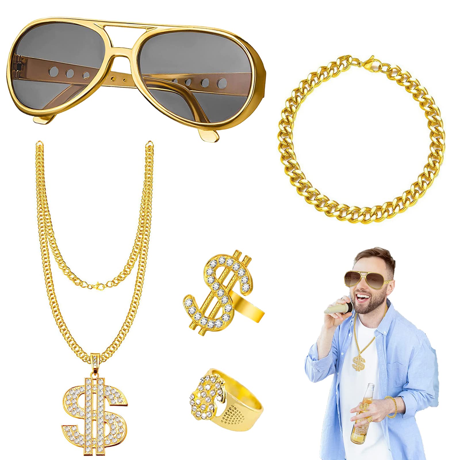 Funmo Hip Hop Costume,80s/90s Hip Hop Fancy Dress Accessories,Fake Gold Chain Bracelet,Dollar Sign Necklace For Men Fake Gold Chain,Hippie Glasses For Hippie Rapper Disco Outfit