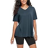 ODODOS Women's Split Hem Oversize Short Sleeve Shirts, Modal Soft V Neck Tee Casual Lounge Yoga Tops