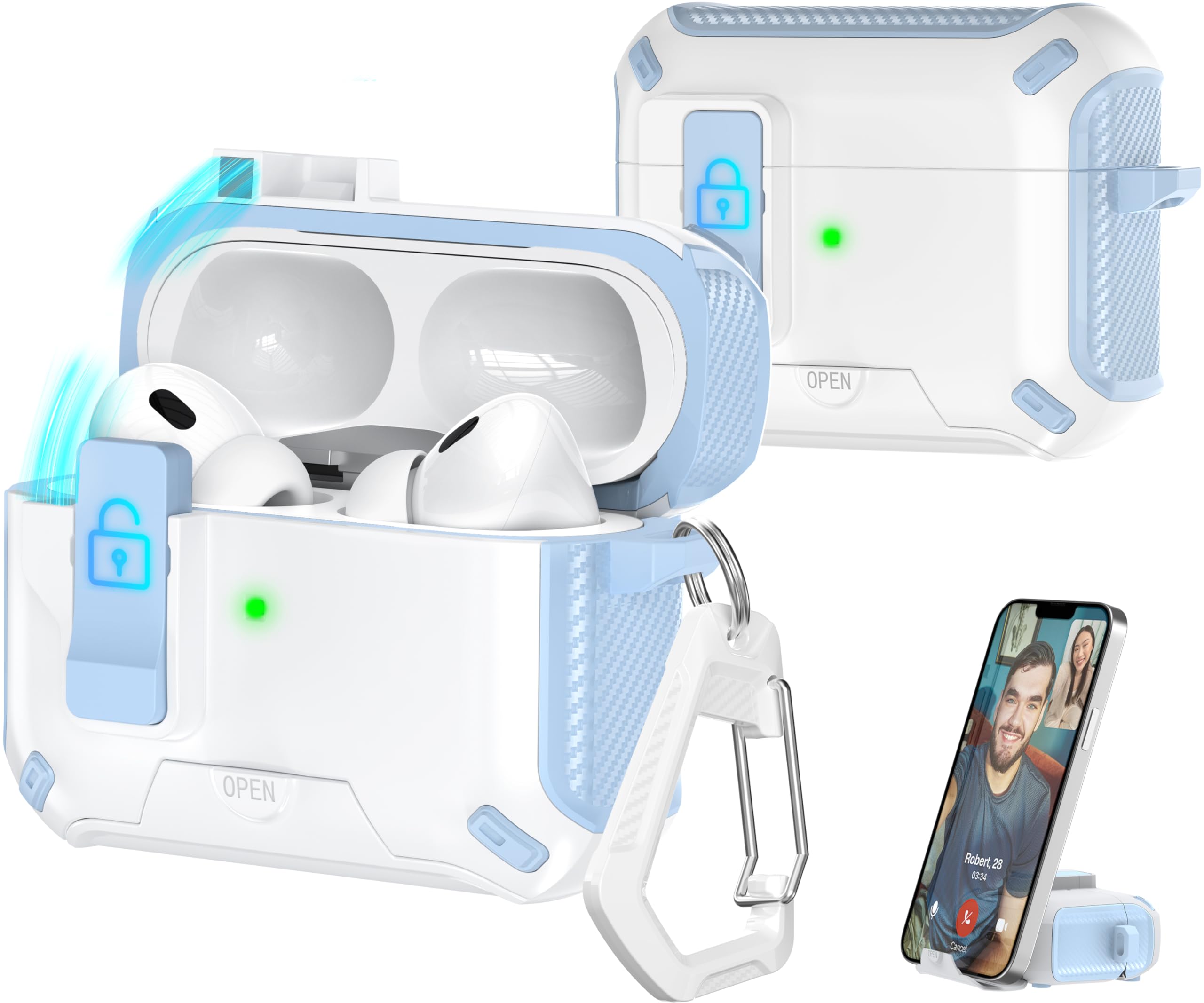Photo 1 of R-fun Compatible AirPods Pro 2nd Generation/1st Generation Headphone Cases, Fully Drop Proof Auto Eject Protective Cover Design, New Charging Port Dust and Stand Design,Blue+White
