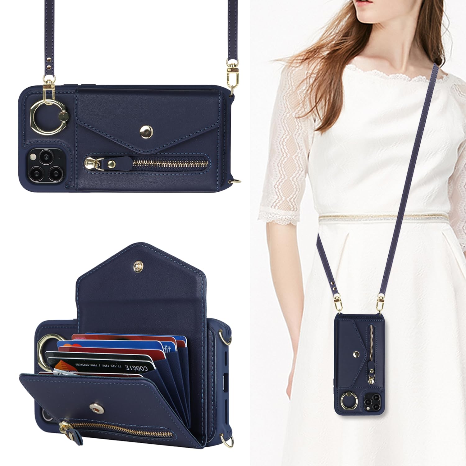 SailorTech iPhone 11 Pro Case with Zipper Credit Card Holder for Women, iPhone 11 Pro Phone Leather Case Ring Stand with Card Slots Kickstand Wallet Crossbody for iPhone 11 Pro-Blue