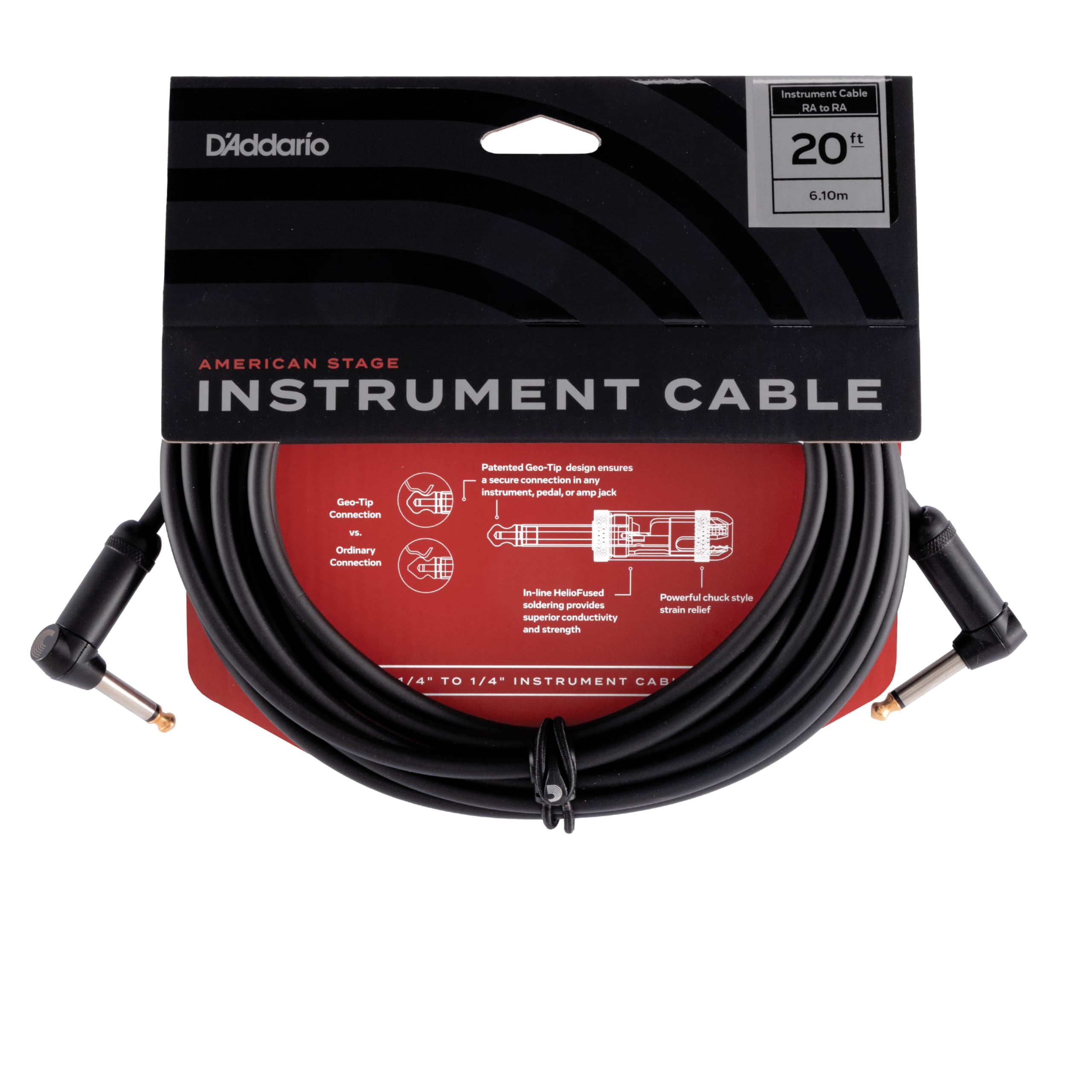 D’Addario Accessories American Stage Guitar Cable - Premium Instrument Cable with ¼ Inch Ends - Guitar Cord Made in the USA - Right Angle Ends - 20 feet
