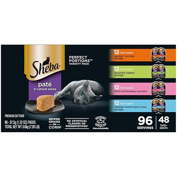 SHEBA PERFECT PORTIONS WET CAT FOOD PATE SAVORY CHICKEN, ROASTED TURKEY, WITH SUSTAINABLE SALMON, AND TENDER WHITEFISH & TUNA VARIETY PACK, 2.6 OZ. TWIN-PACK TRAYS (48 COUNT, 96 SERVINGS)