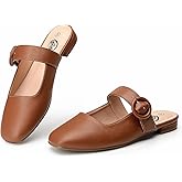 Trary Mules for Women Brown Mary Jane Mules with Adjustable Buckle Flats for Women Slip On Shoes Loafers for Casual Work Travel