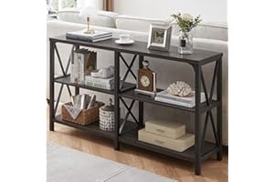 LVB Industrial Console Table, Rustic Wood and Metal Sofa Table, Hallway Entry Table for Home Living Room, Foyer Accent Entryway Table with Storage Shelf, Dark Gray Oak, 55 Inch