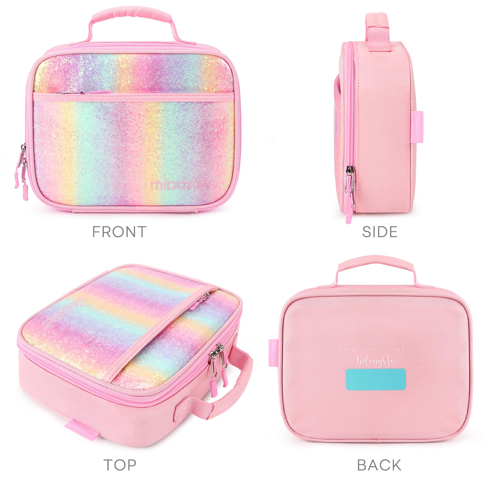 mibasies mibasies Kids Lunch Bag for Girls Toddler Sparkle Lunch Box for School Travel, Pink Blue Rainbow
