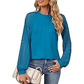 MYCOLORBLUE Women's Lace Long Sleeve Tops Rayon Blend Dressy Casual Blouses Pleated Work Shirts