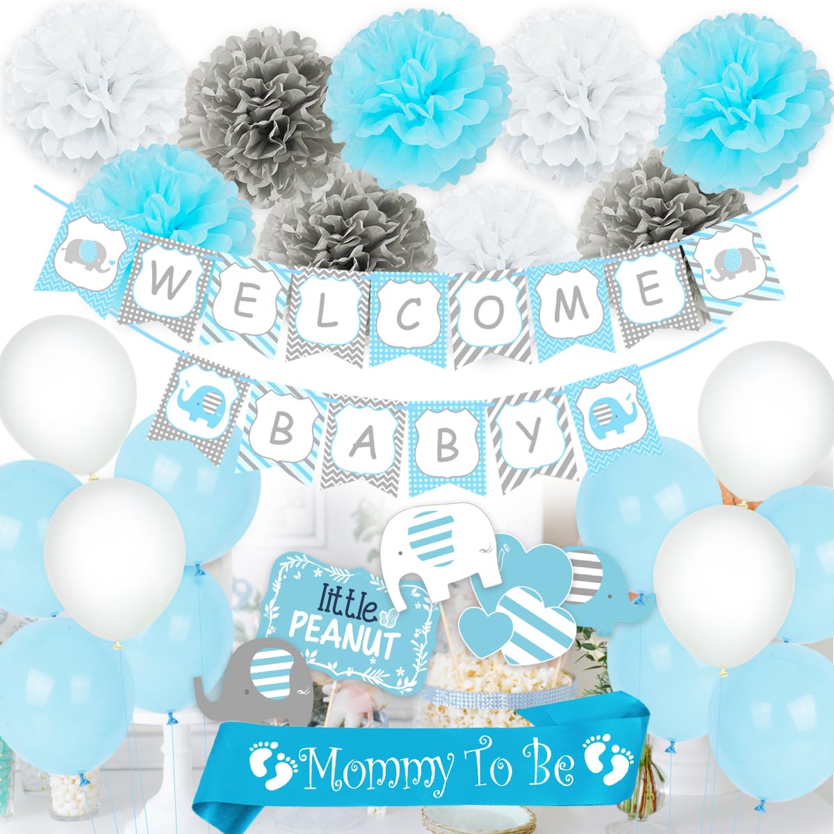 JOYMEMO Elephant Baby Shower Decorations, Welcome Baby Banner Bunting, Foil Letter Balloon Blue, Sash, Elephants Cake Toppers, Pom Poms for Elephant Baby Shower Party Supplies