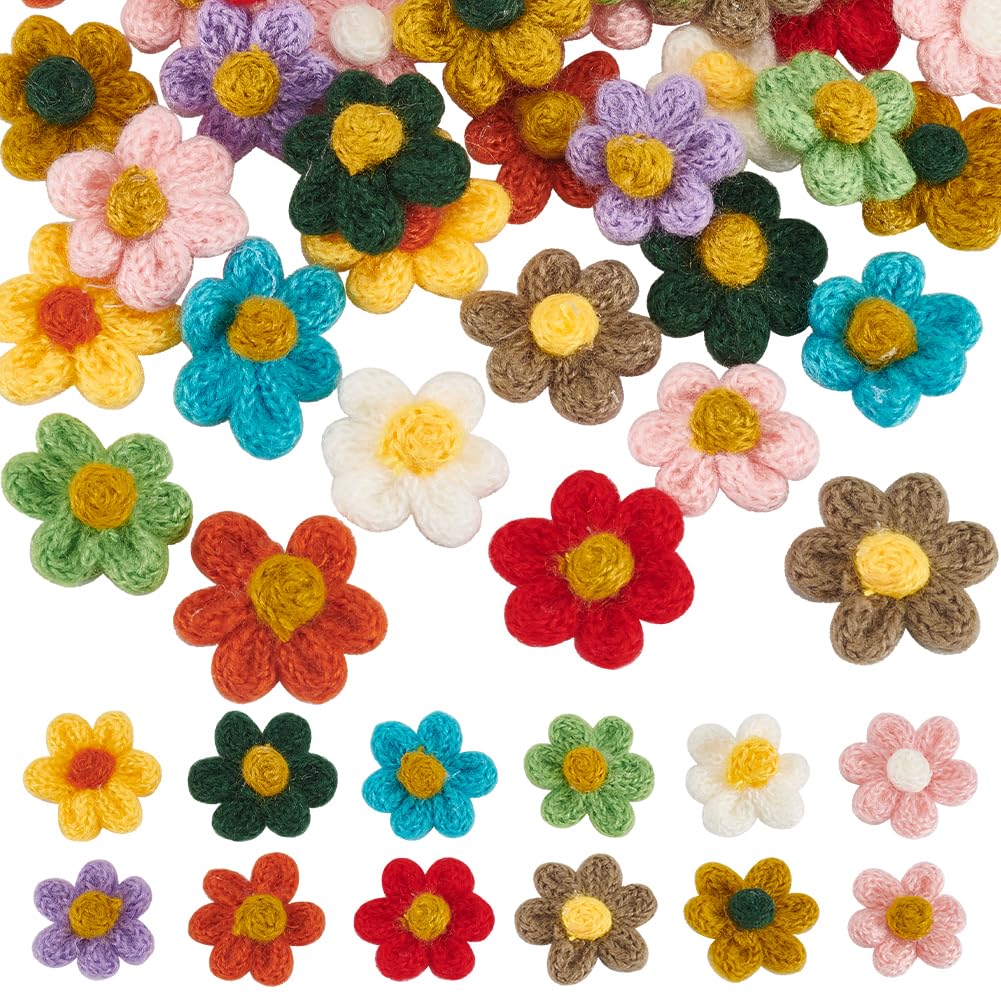 FINGERINSPIRE 36 Pcs Crochet Knitted Flower Sew On Patches 12 Colors Wool Fine Thread Handmade Woven Floral Applique Crochet Knitted Puff Flower for DIY Crafts Hair Headbands Hat Clothing Accessories