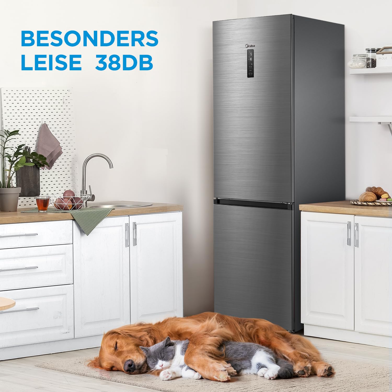 Midea MDRB521MIC46A Kühl-/Gefrierkombination/No Frost/WiFi-Steuerung/Inverter Kompressor/201 cm hoch / 59,5 cm breit /70 cm tiefe/177 kWh/Jahr/256 L Kühlteil/122 L Gefrierteil, Front Inox 3