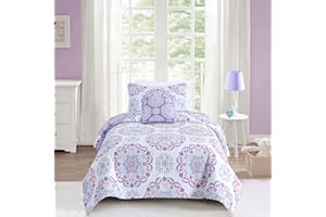 O3 DESIGN STUDIO Mytex, Vivian 4-Piece Quilt Set Featuring Medallion Pattern, Bohemian Style, Cotton, Reversible Bedding, Teen, Girls, Purple, Aqua, and Pink, Twin