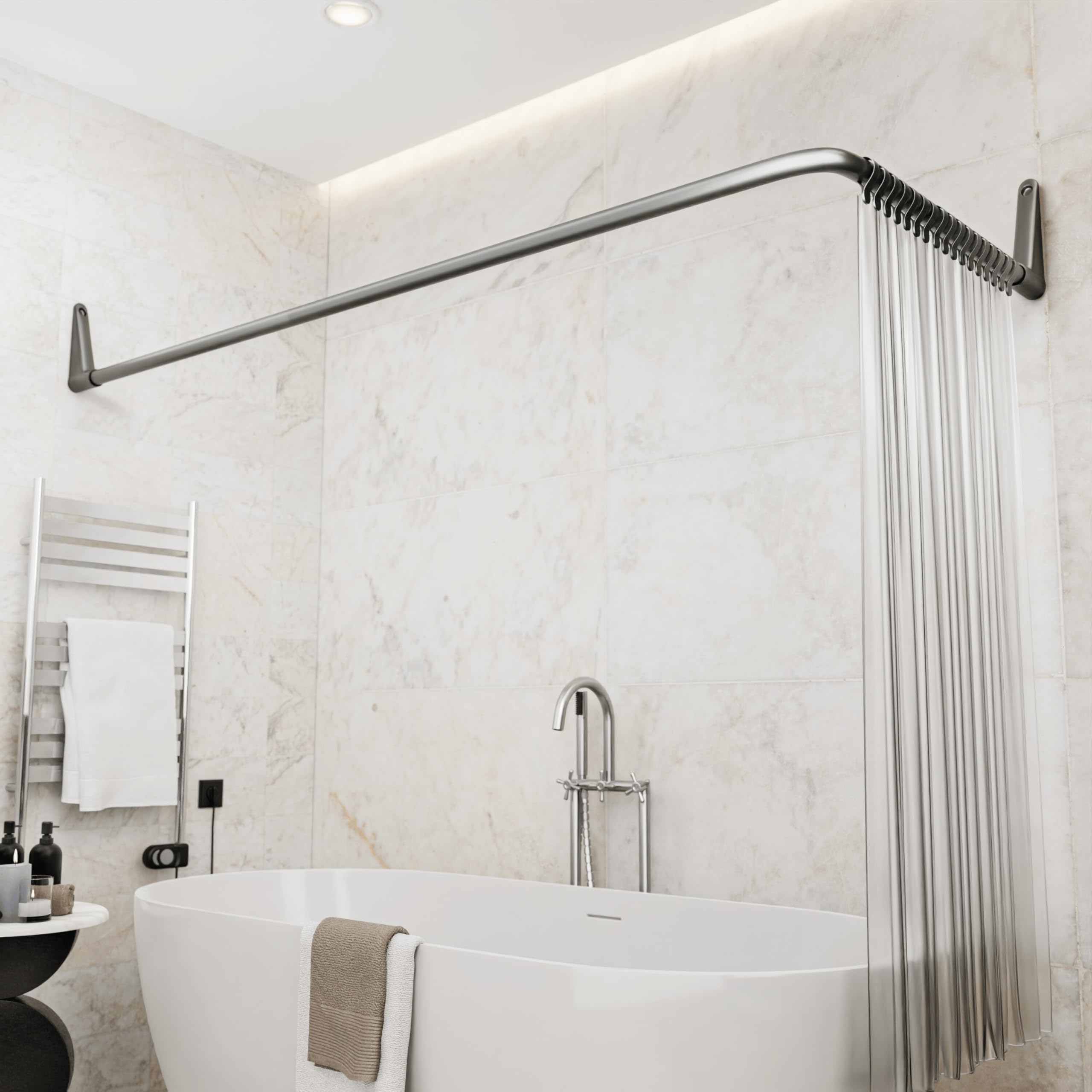 Erica Corner Shower Curtain Rods. 70 x 90/70 x 160 cm for Corner or Bath, Shower Curtain Rod without Ceiling Bracket, PVC Free Plastic Coated, 100% Stainless Steel.