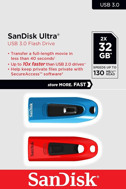 Ultra 32 GB USB Flash Drive USB 3.0 Up to 130 MB/s Read - Twin Pack, Red/Blue — photo 2 sur 7