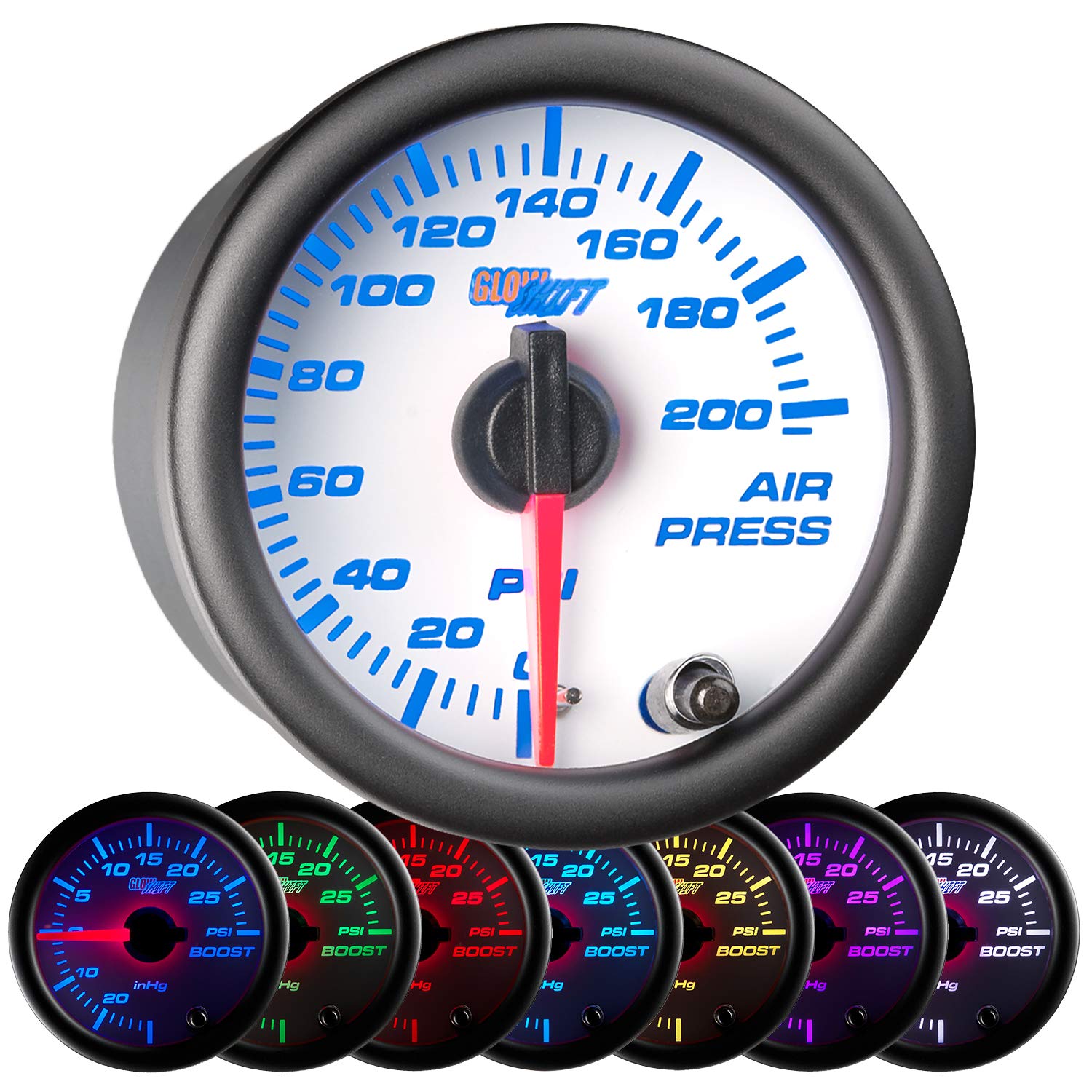 GlowShift White 7 Color 200 PSI Mechanical Air Pressure Gauge - For Air Ride Suspension Systems - White Dial - Clear Lens - 2-1/16" 52mm