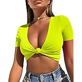 Mizoci Women's Sexy Knot Front Crop Top Deep V Neck Short Sleeve Basic Casual T Shirt