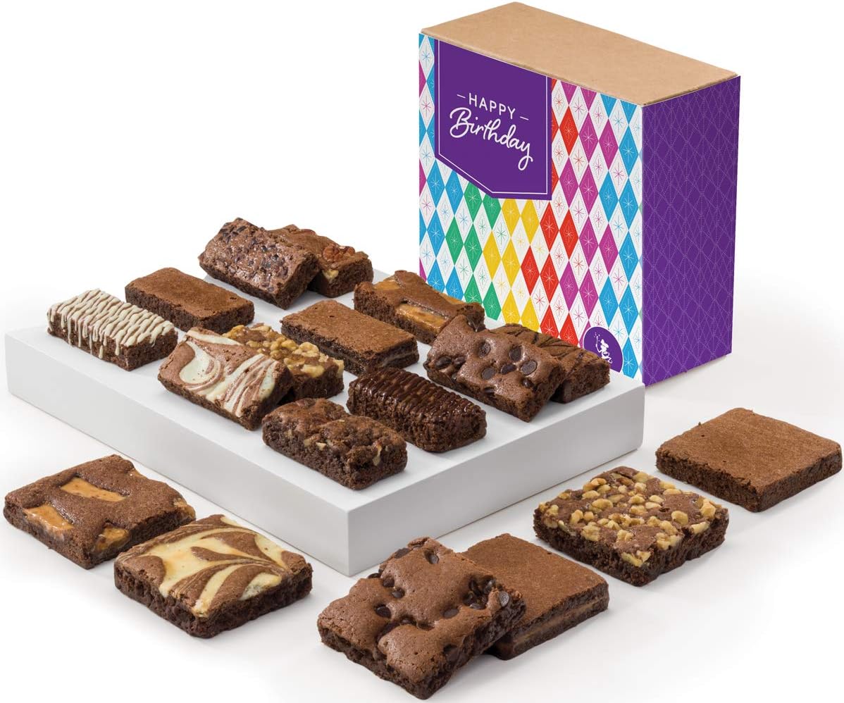 Fairytale Brownies Birthday Brownie & Sprite Combo Gourmet Chocolate Food Gift Basket - 3 Inch Square Full-Size and 3 Inch x 1.5 Inch Snack-Size Brownies - 18 Pieces - Item CB318