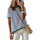 NARURAL Womens Summer Fall Short Sleeve Sweaters Striped Lightweight Cotton Sweater Crew Neck Color Block Pullover Tops
