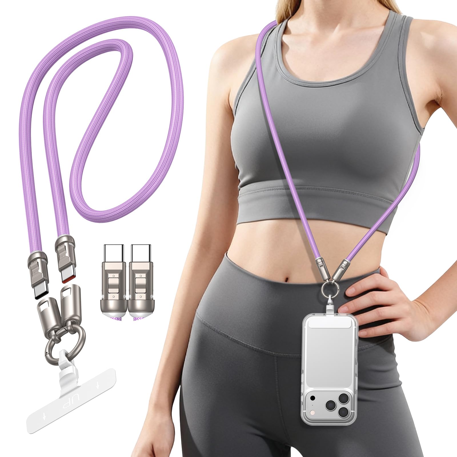 TUNKIA Phone Lanyard Crossbody USB C Cable, PD240W USB C to USB C Cables, Anti Theft Phone Strap Universal Cell Phone Neck lanyard for iPhone/Samsung/Android Phones (Purple, 3.93ft)