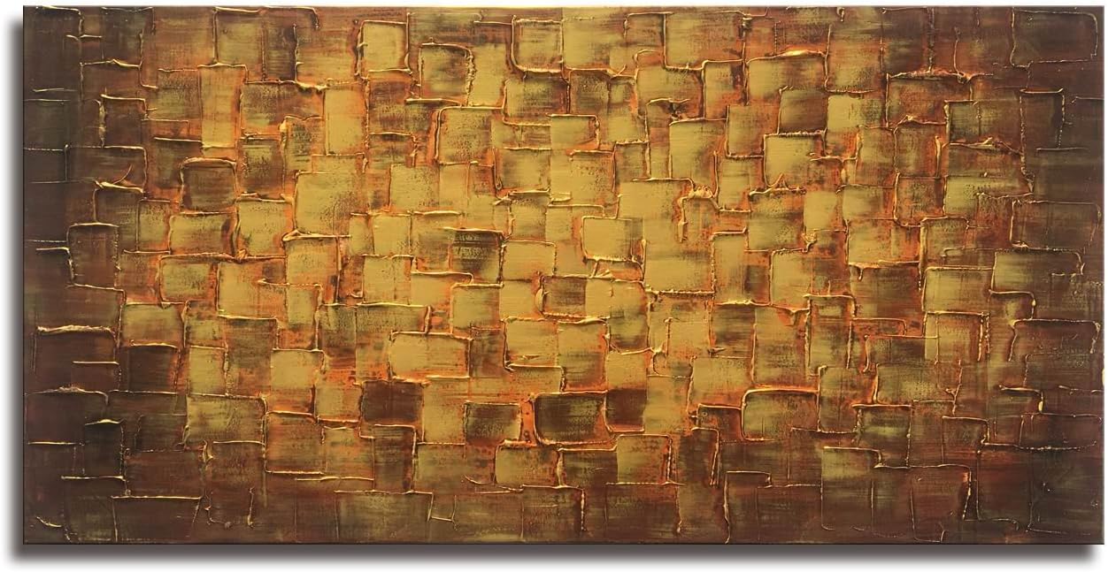 Paintings - MyArton Textured Abstract Squares Canvas Wall Art Hand Painted Modern Golden Yellow Oil Painting for Decoration Ready to Hang 48x24inch