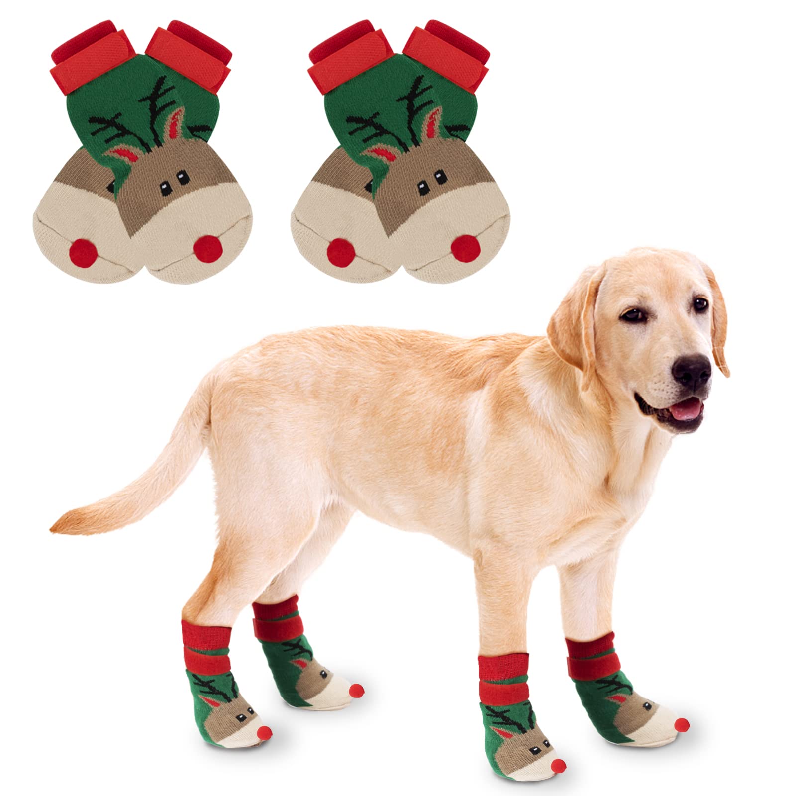 RANYPET Christmas Dog Socks 2 Pairs - Non Slip Dog Grip Socks with with Adjustable Straps Traction Control for Hardwood Floor, Pet Paw Protector for Small Medium Large Dogs L