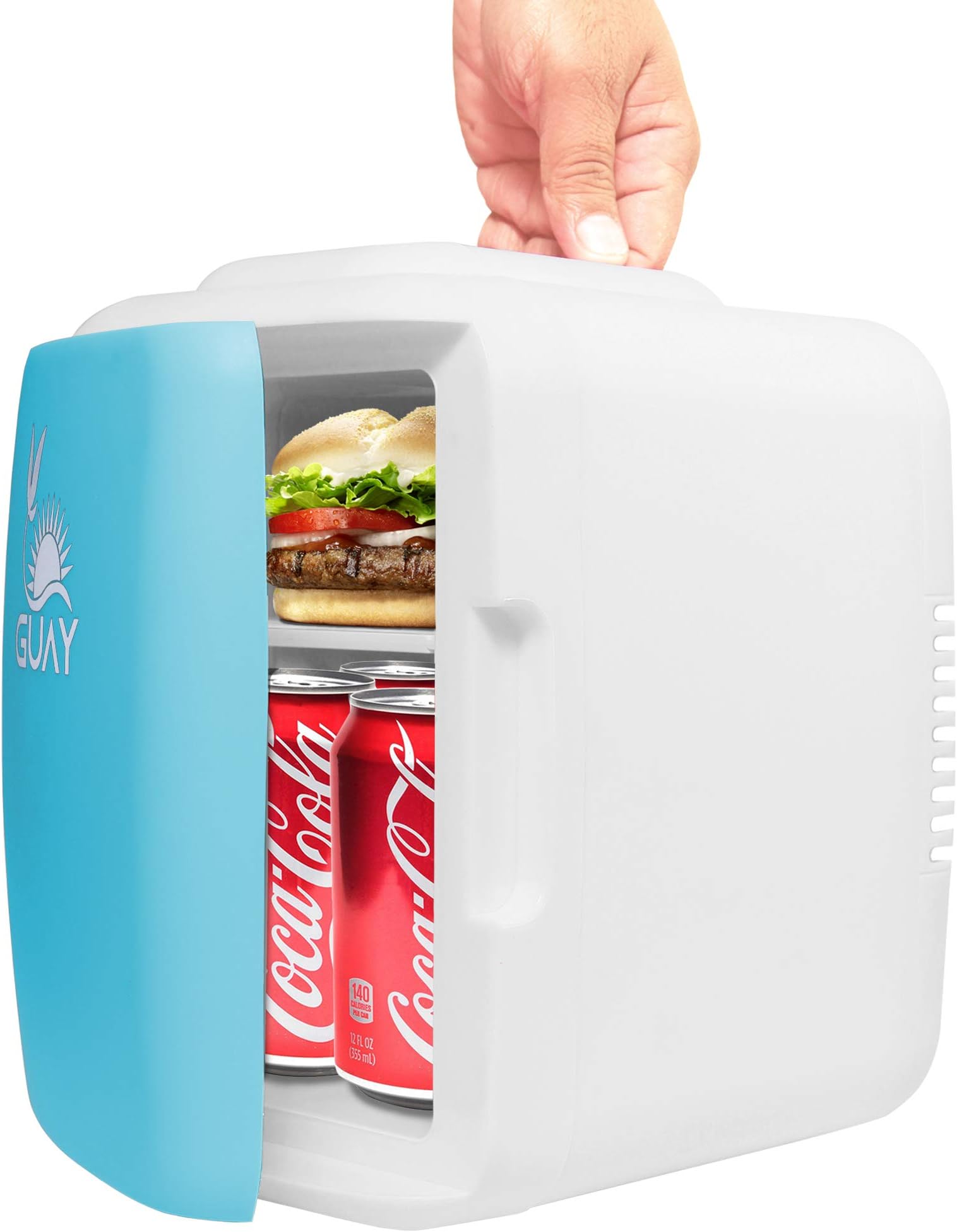 Guay Outdoors Portable Thermoelectric Mini Fridge Cooler and Warmer – Compact 4 Liter / 6 Cans - AC/DC Food Drink Milk Skincare for Car Travel Dorm Camping Home Office Desk and Bedroom (Blue)