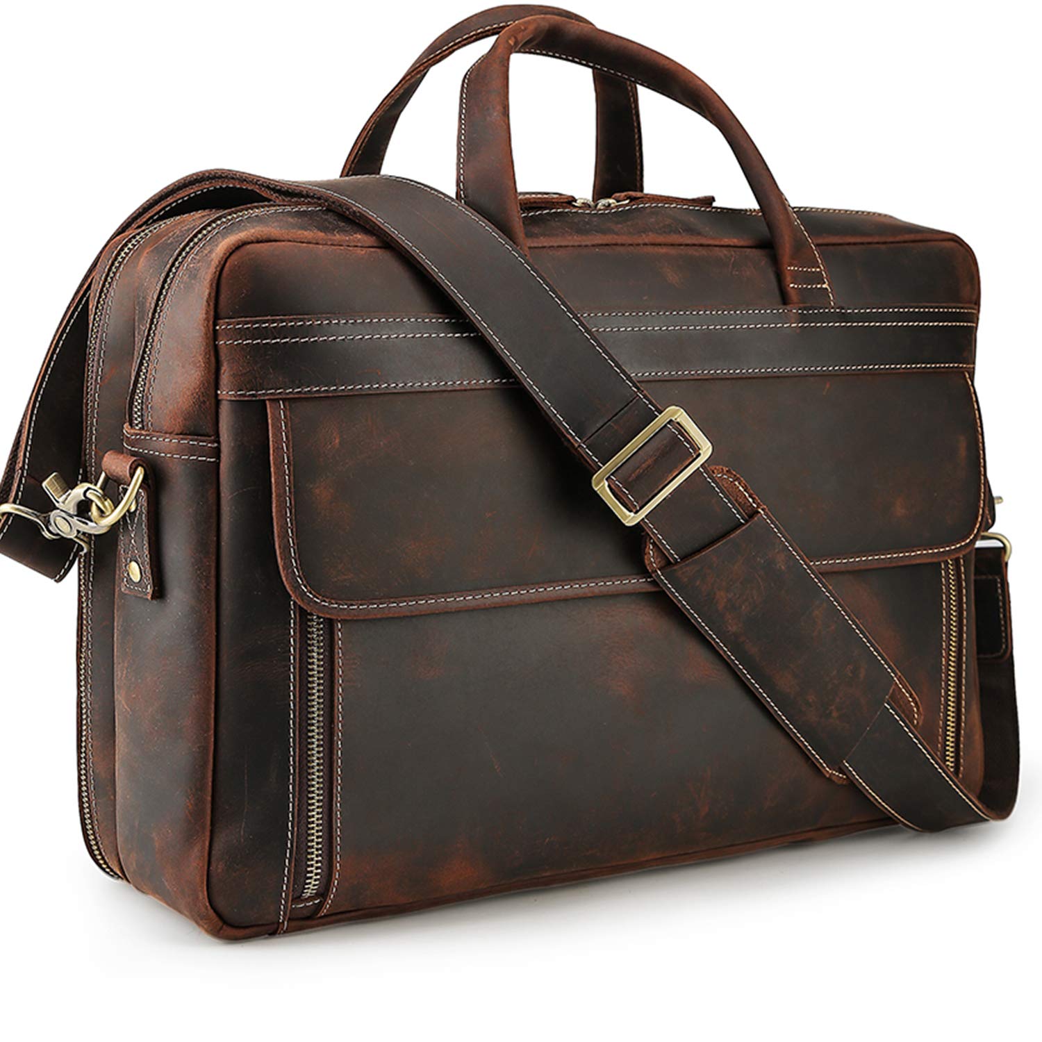 TIDING Leather Briefcase for Men 17" Laptop Bag Business Travel Messenger Shoulder Bags Vintage Office Work Brief Case, Brown