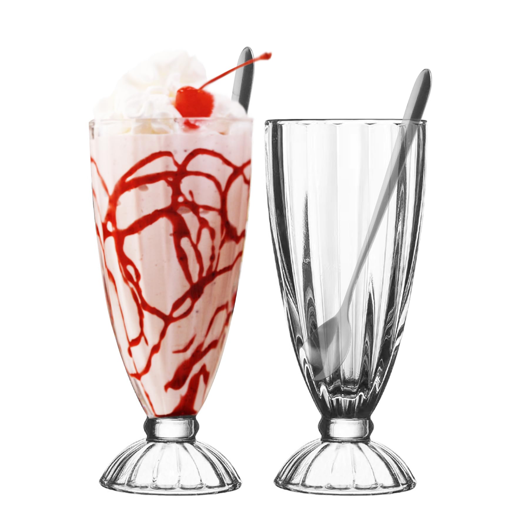 binsakao Milkshake Glasses, Ice Cream Sundae Glass, Dessert Milk Shake Cups, Soda Fountain Glasses with Spoons, Set of 2 (11.5 oz / 342 ml, Clear)