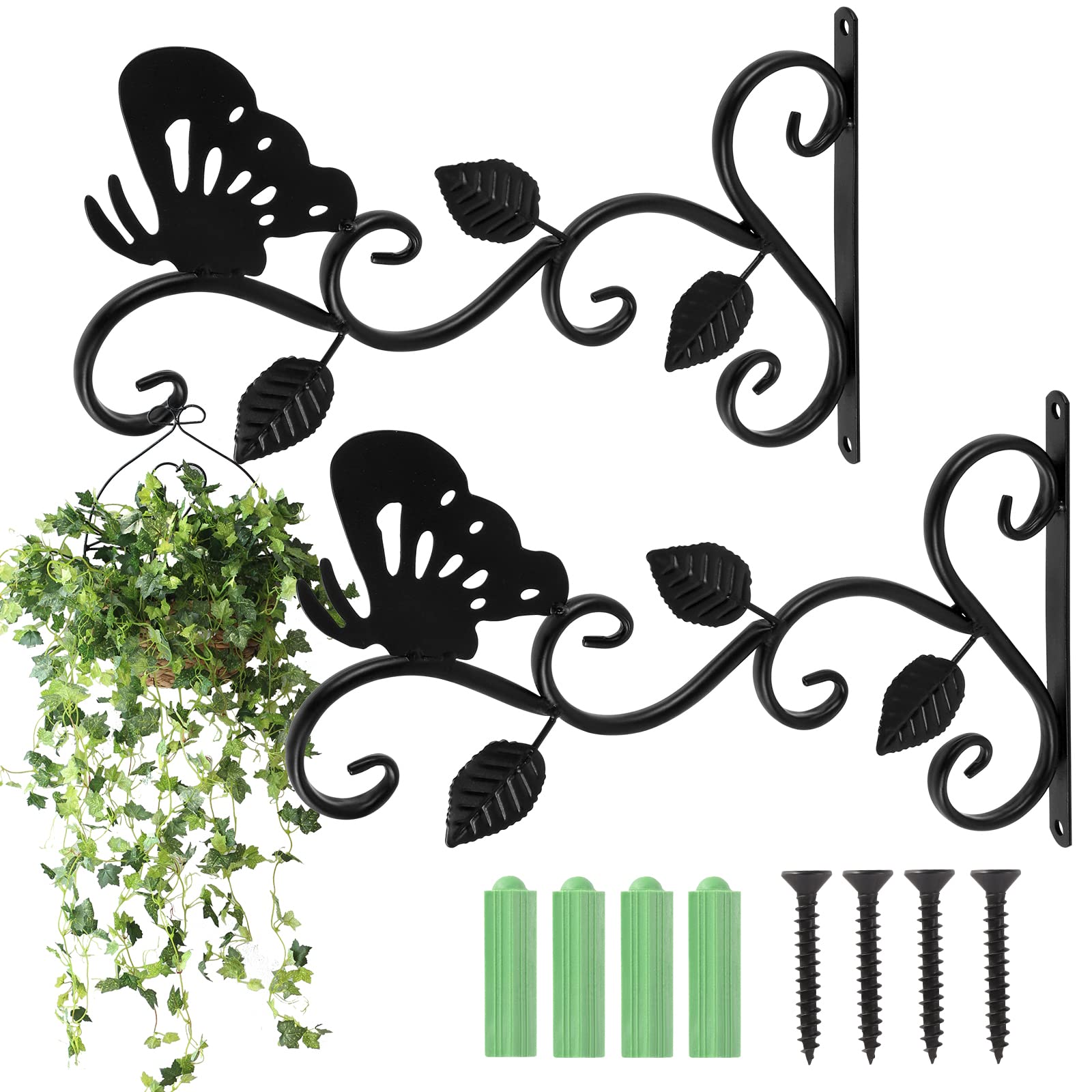 2 Pcs Hanging Basket Hooks, Black Solid Steel Hanging Basket Bracket with Screws Outdoor Plant Hanging Bracket Heavy Duty Wall Mounted Hook for Hanging Plants Lantern Bird Feeder (Butterfly)