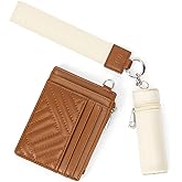 BOSTANTEN Keychain Wallet RFID Leather Credit Card Holder Wristlet Wallets for Women with Coin Purse & Lipstick Case Beige&Brown