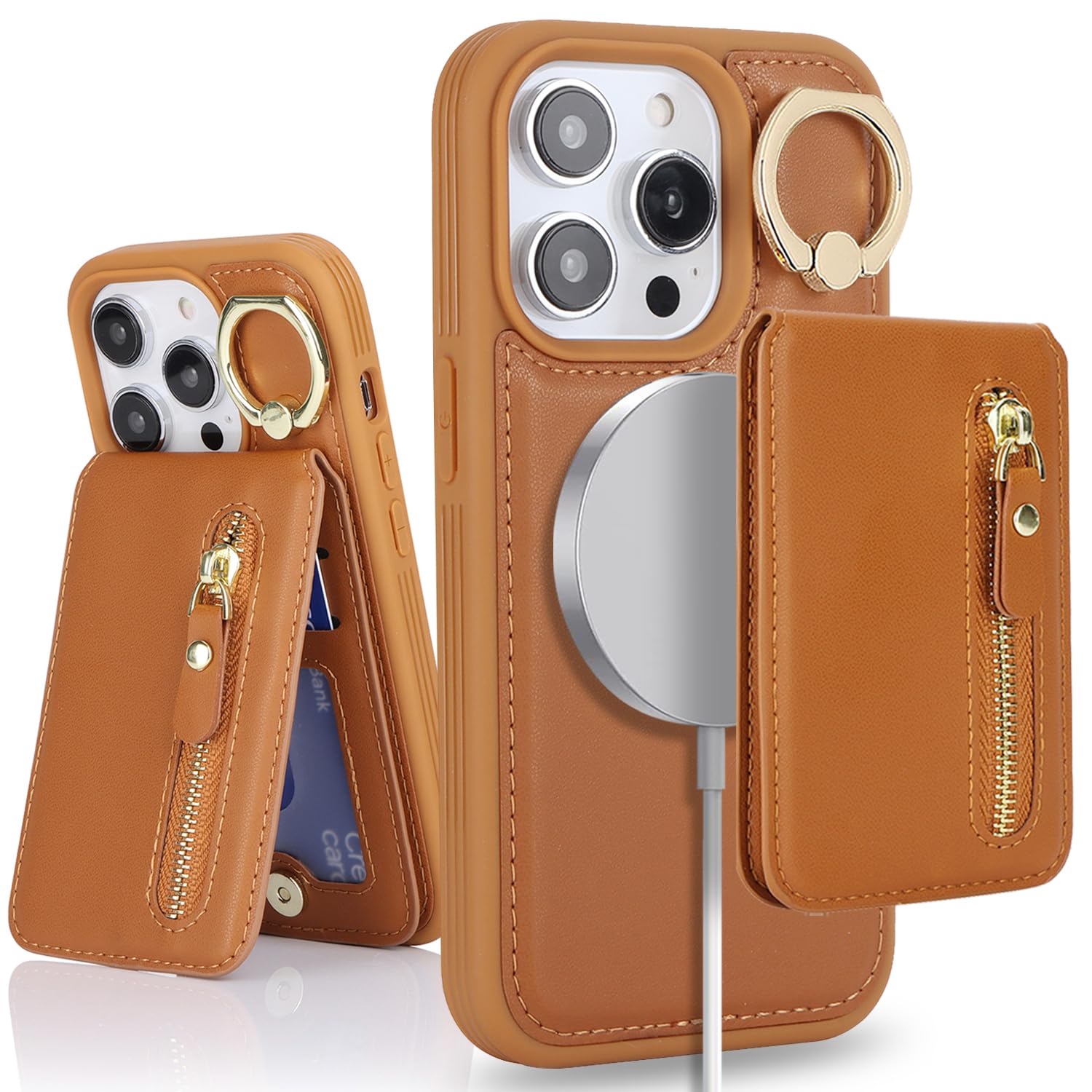 SailorTech iPhone 14 Pro Phone Leather Case with Credit Card Holder Magsafe, iPhone 14 Pro Case Ring Stand with Kickstand Card Slots Wallet Detachable 2-in-1 Zipper Case - Brown — image 1
