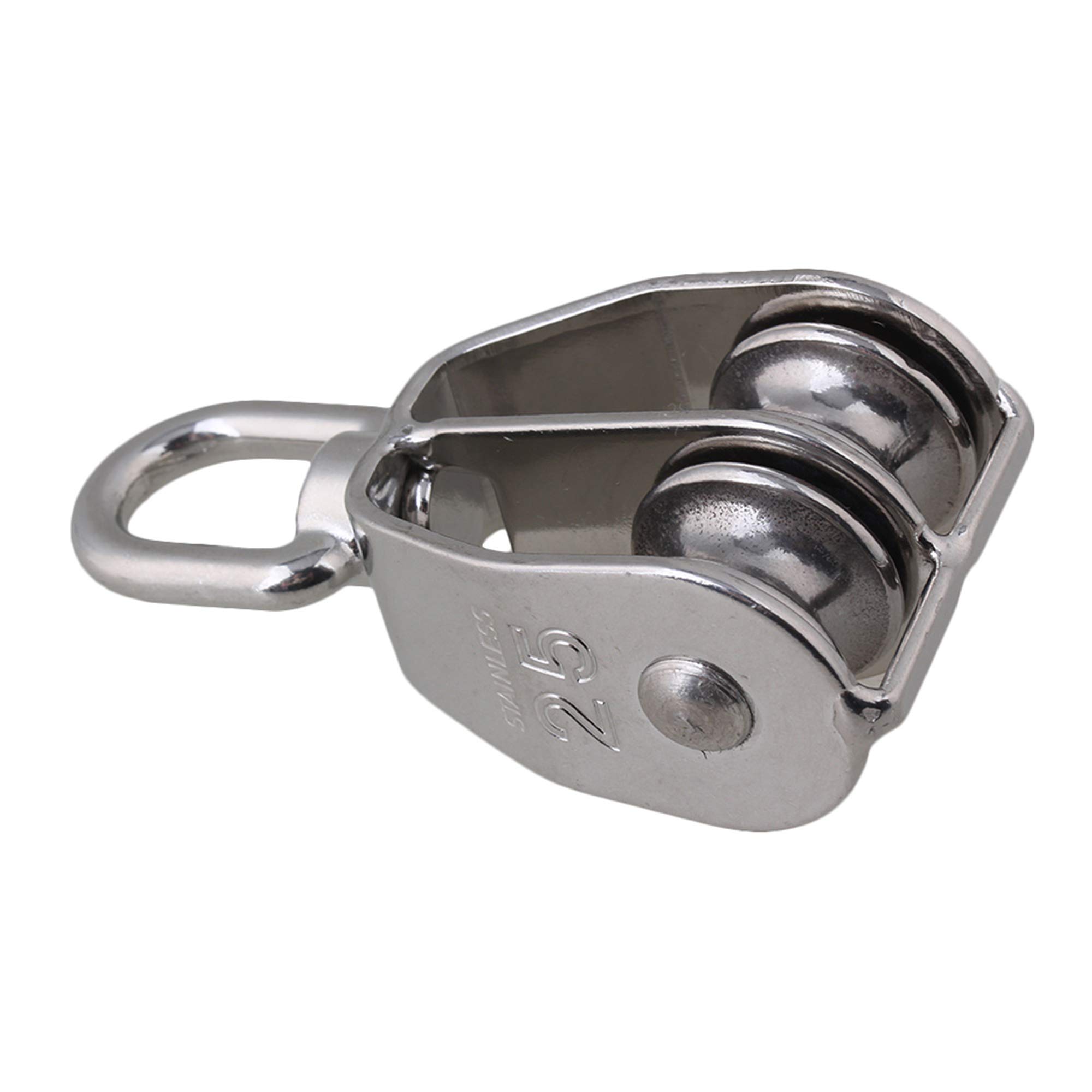 CNBTR M25 Silver 304 Stainless Steel 25mm Swivel Double Pulley Block Chain Traction Wheel