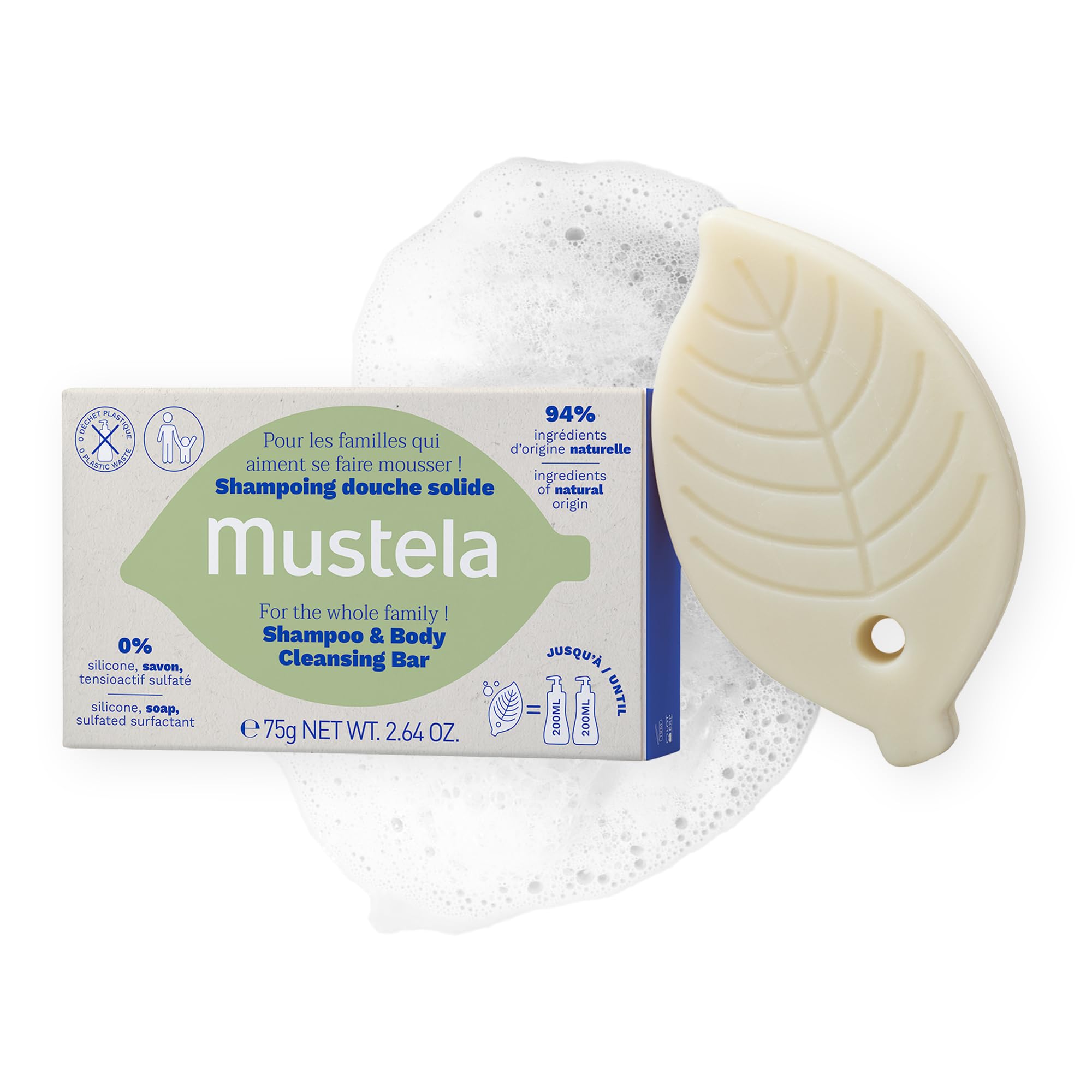Mustela - Hair and Body Cleansing Bar - Solid Shampoo Bar Free of soap and Silicone and Sulfated Surfactant - Shampoo bar Made With Natural ingredients and Enriched With Avocado and Olive Oil- 75gr