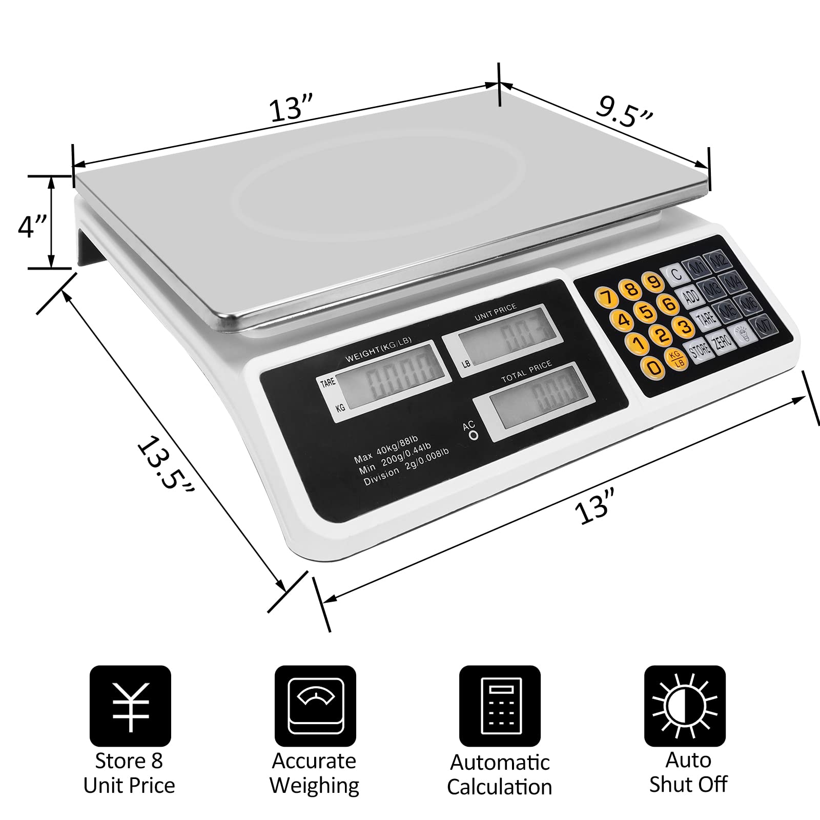 Price Computing Scale 88lb/40kg LCD Digital Commercial Price Scale with Stainless Steel Platform,Produce Scale & Food Scale for Farmers Market, Retail Outlets, Meat Shop (Flat Plate)
