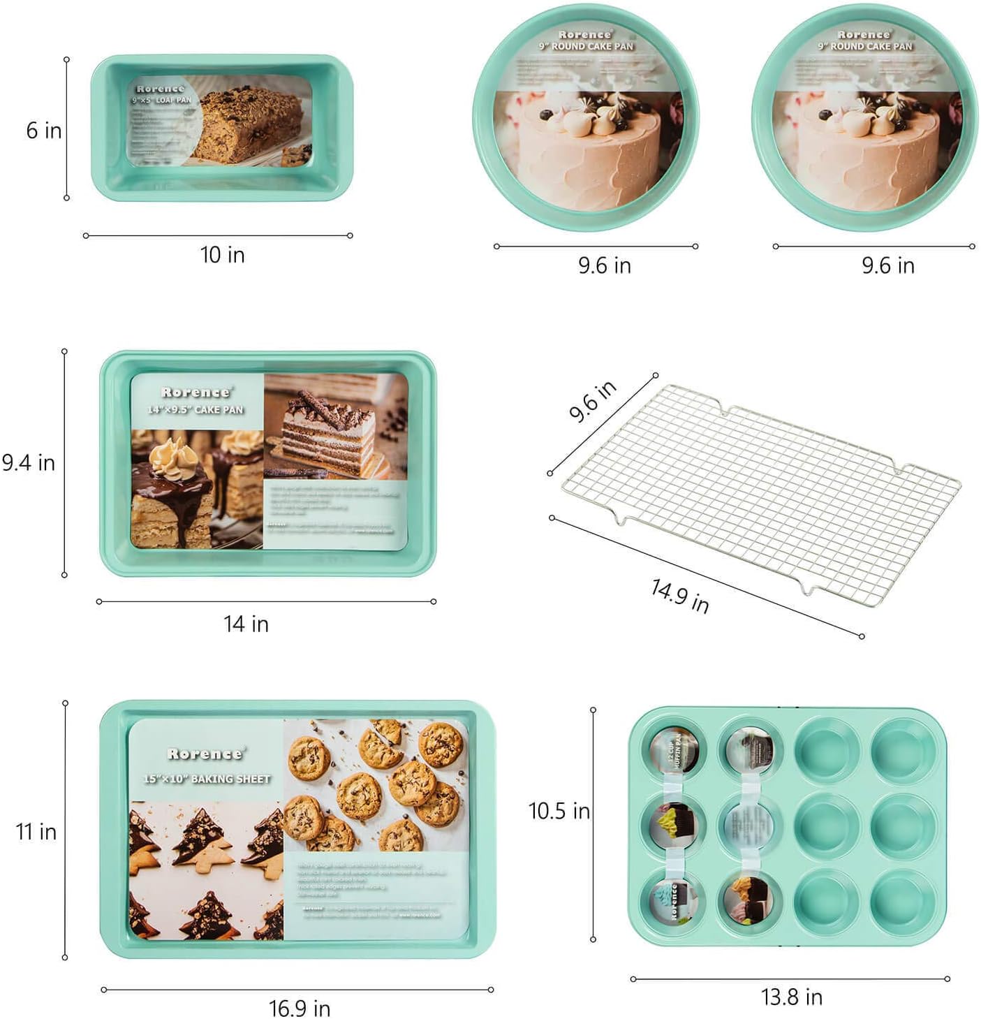 Rorence Bakeware Set Nonstick: Cookie Sheet, Rectangular Cake Pan, 2 Round Cake Pans, Muffin Pan, Loaf Pan & Cooling Rack - Set of 7 - Mint Green: Kitchen & Dining