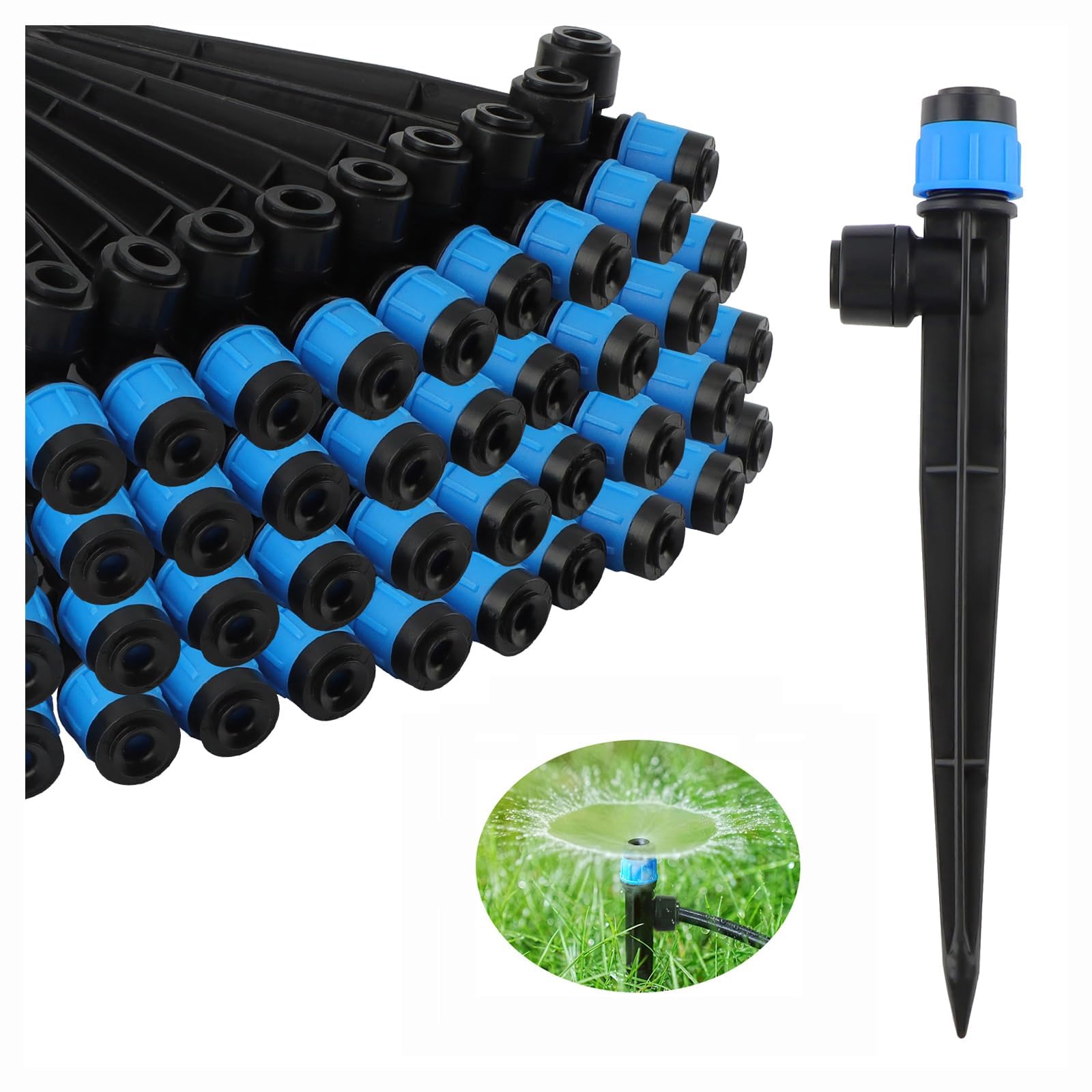 Photo 1 of Kalolary Drip Irrigation Emitters, 50PCS Adjustable 360 Degree Water Flow Drippers Emitters for 1/4" Drip Irrigation System Tubing, Garden Irrigation Drippers for House Garden Flower beds(Blue)