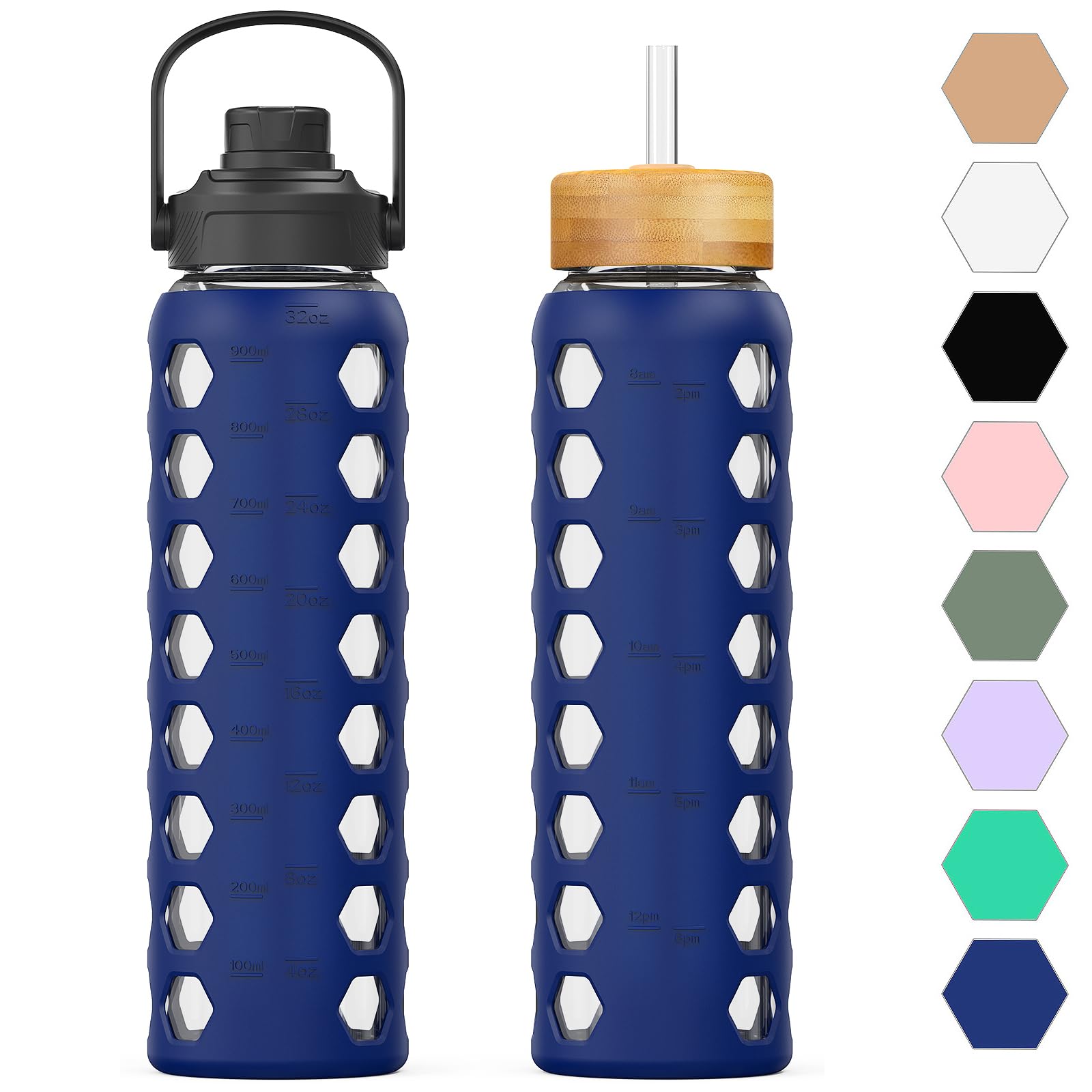HYDRAGLAZIC 950ML Glass Water Bottle with 2 Flip and Bamboo Straw Lids Sports Water Tumbler with Time Reminder and Silicone Sleeve Leak-proof BPA Free, Blue