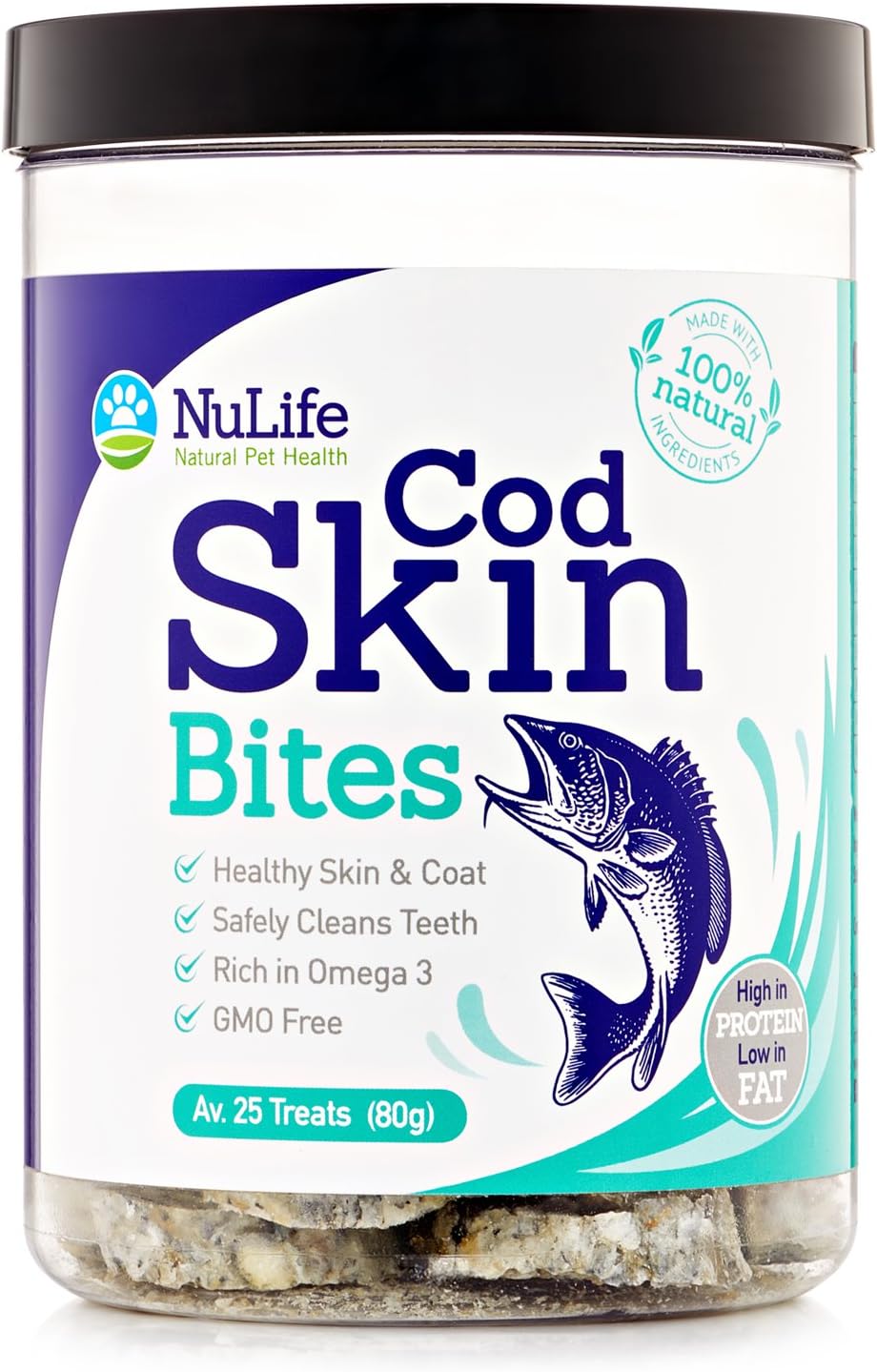 Cod Skins for Dogs, All Natural, Low Fat Healthy Dog Treats, Rich in Omega 3 for Healthy Skin & Shiny Coat, from Line Caught Icelandic Cod, GMO Free, Made in USA, 25 Treats (80g)